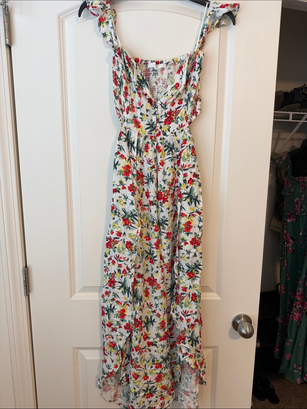 Floral Ruffle Maxi Dress in White with Red & Green Print